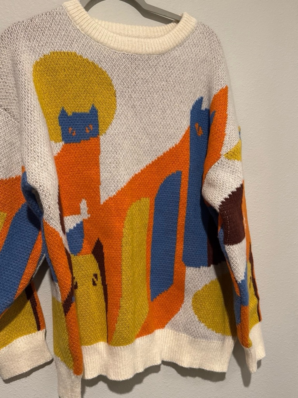 Women’s Cream Multi-Color Graphic Cat Knit Sweater large unisex sweater - Picture 4 of 6